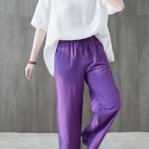 Cotton Linen Elastic Waist Colors Wide Leg Pants Maxct