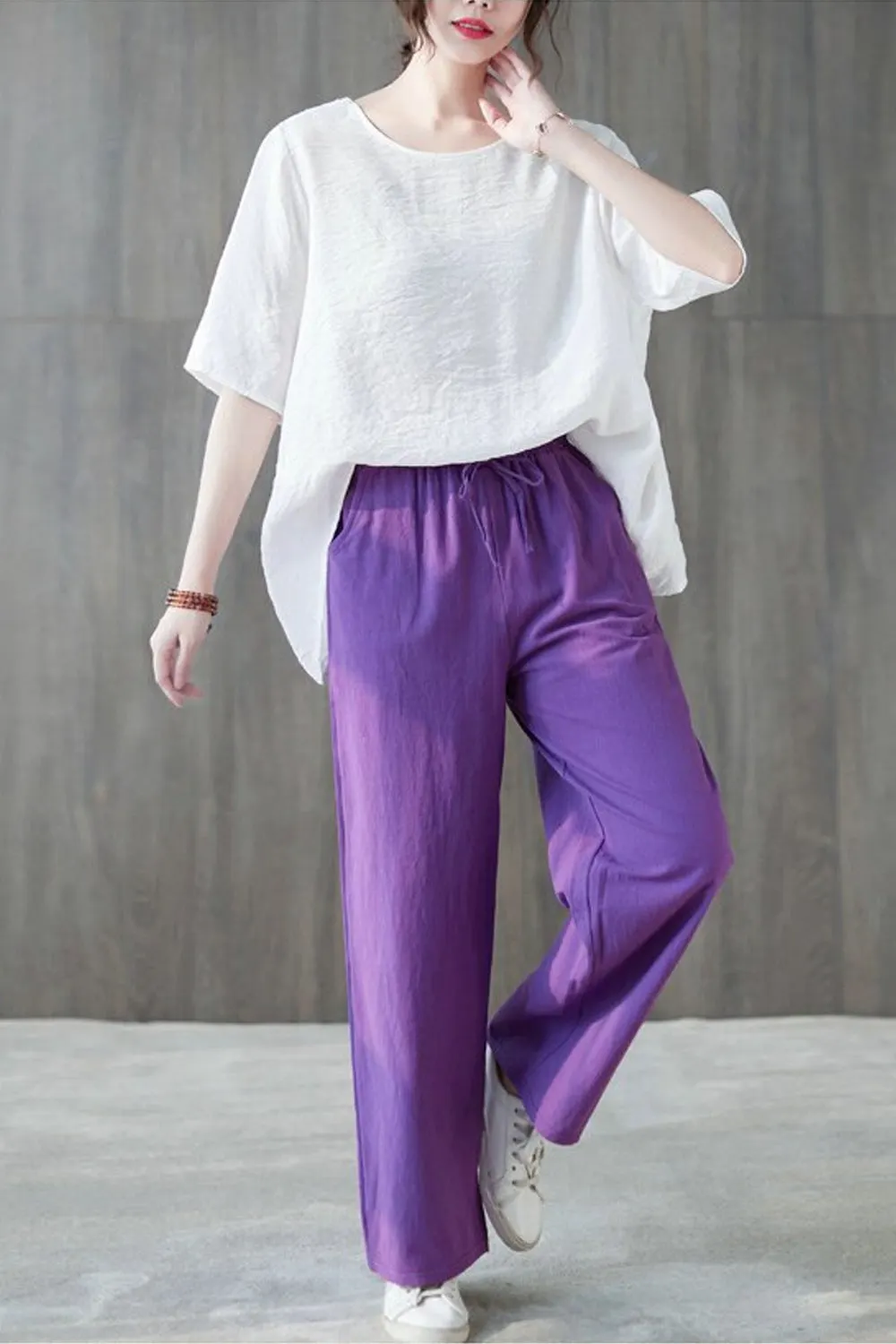 Cotton Linen Elastic Waist Colors Wide Leg Pants Maxct