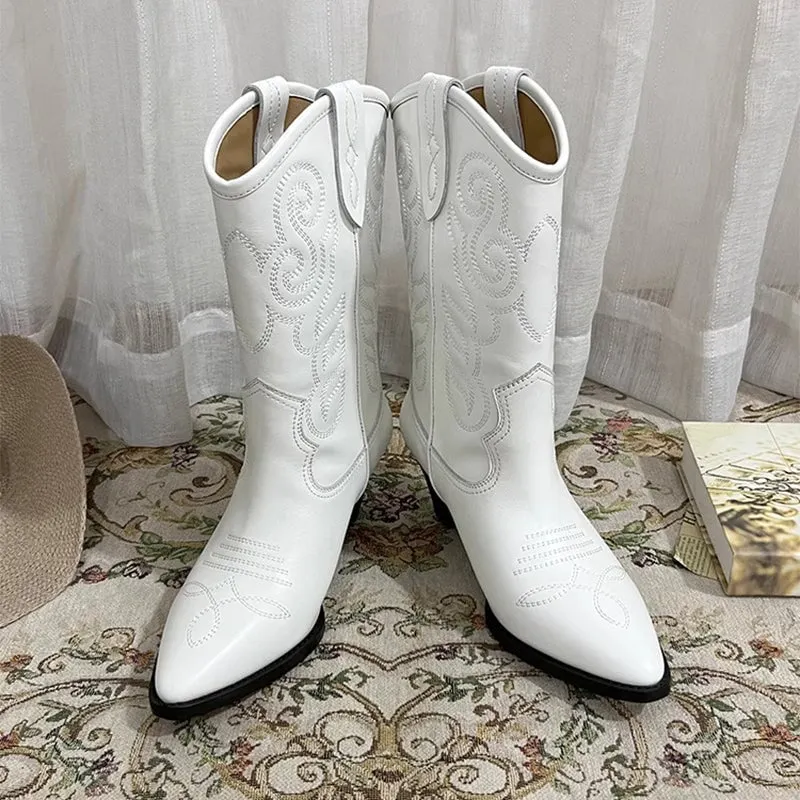 Womens Embroidered Western Boots Block Heel Short Boots All Genuine Leather Maxct