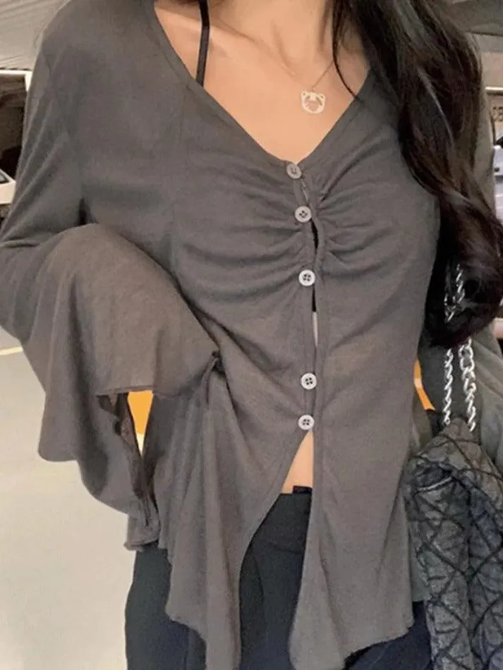 Maxct V Neck Split Flare Sleeve Long Sleeve Blouse