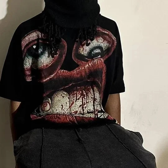 Maxct Y2K Cotton T Shirt Mens Womens Harajuku Hip Hop Big Eyes Mouth Graphic Printed Oversized T Shirt Retro Classic Short Sleeve Tops