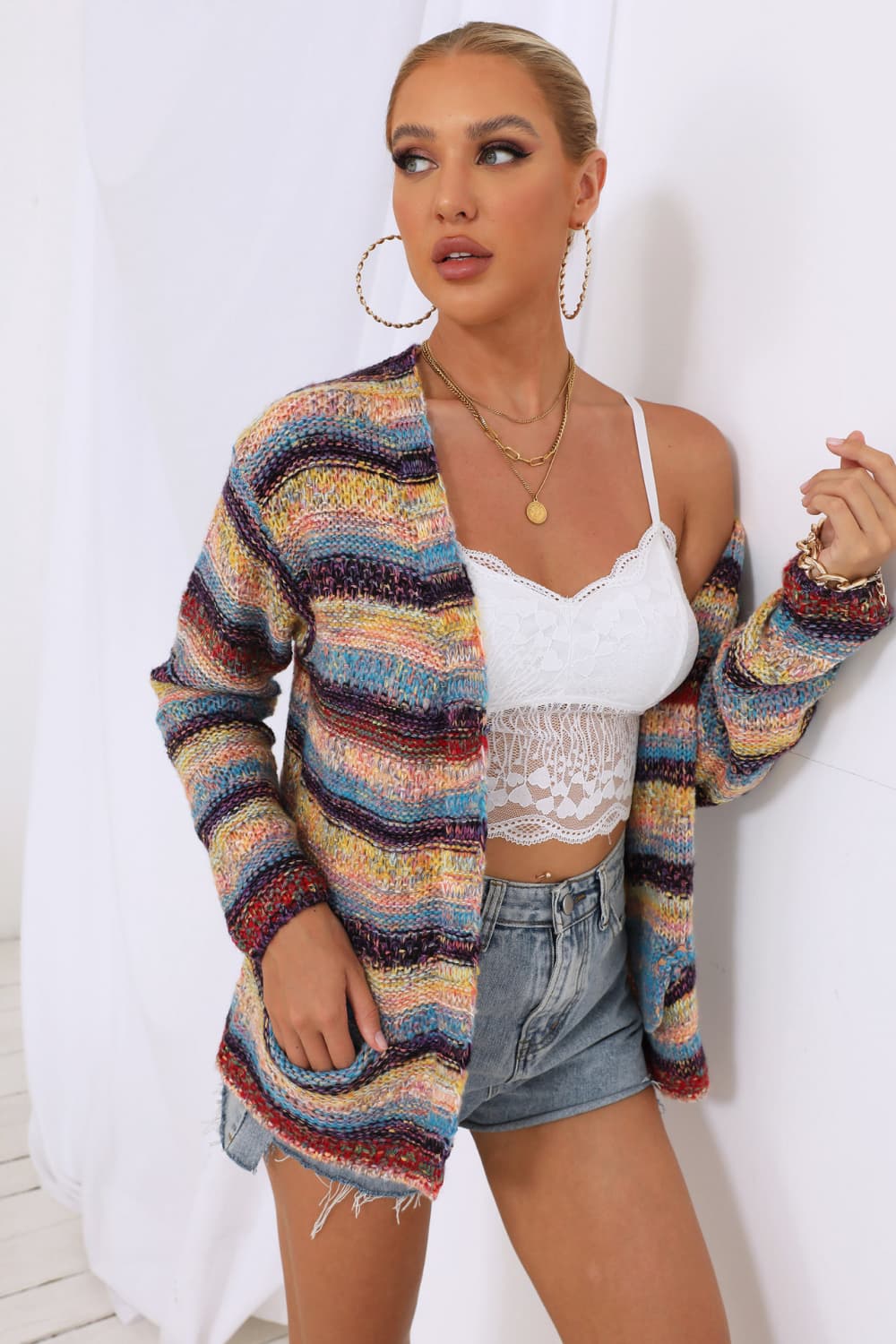 Maxct &Striped Long Sleeve Open Front Cardigan