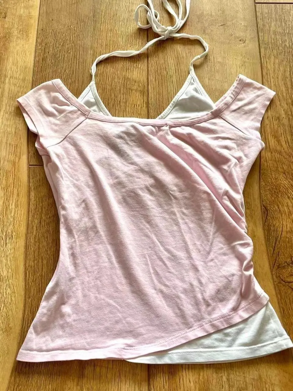 Retro Pink Hot Girl Halter Fake Two Piece Letter Print T-Shirt Y2K Streetwear Sexy Slim Harajuku Millennial Fashion Casual Tops