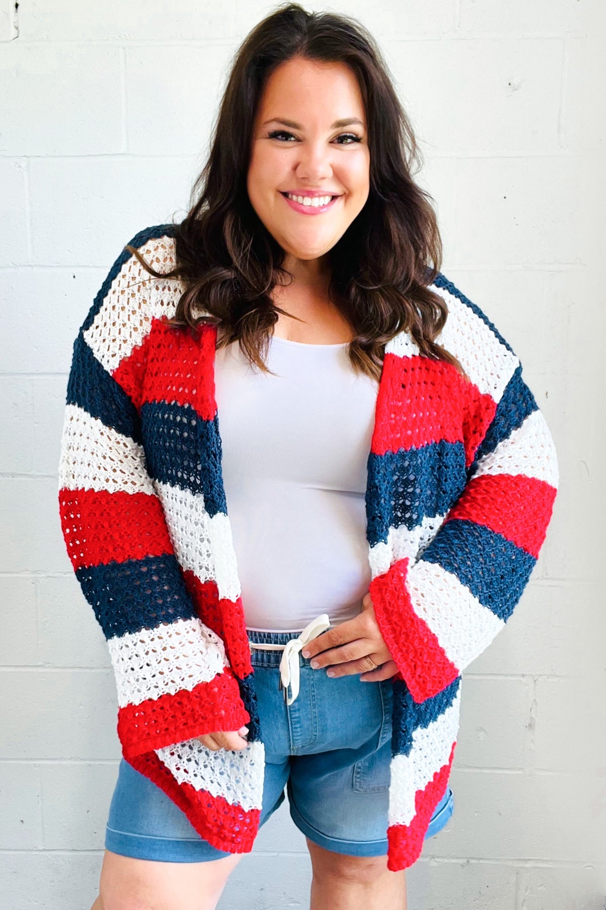Maxct &Simply Patriotic Red White & Blue Striped Crochet Cardigan