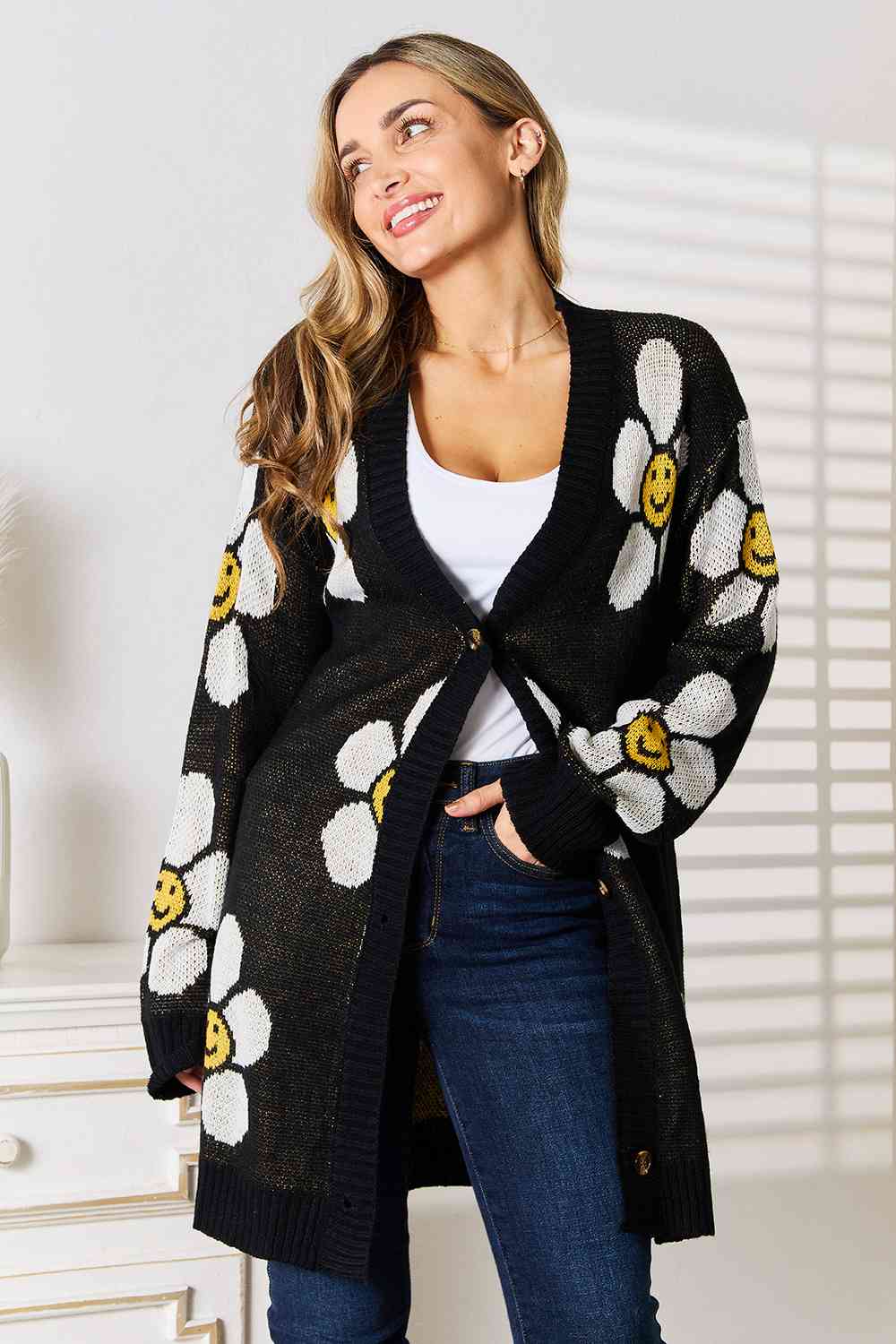 Maxct &Double Take Floral Button Down Longline Cardigan