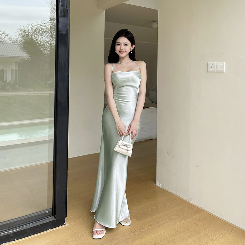 French Elegant Satin Camis Dress Backless Spaghetti Straps Midi Dress Y2K Solid Sleeveless Party Night Vestidos