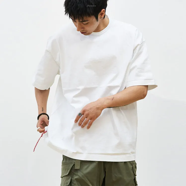 Maxct minimalist fashion men Japanese Style Heavy Cotton Men's round Neck Short Sleeve T-shirt Loose Red Rope Solid Color Bottoming Shirt Couple Half Sleeve Top