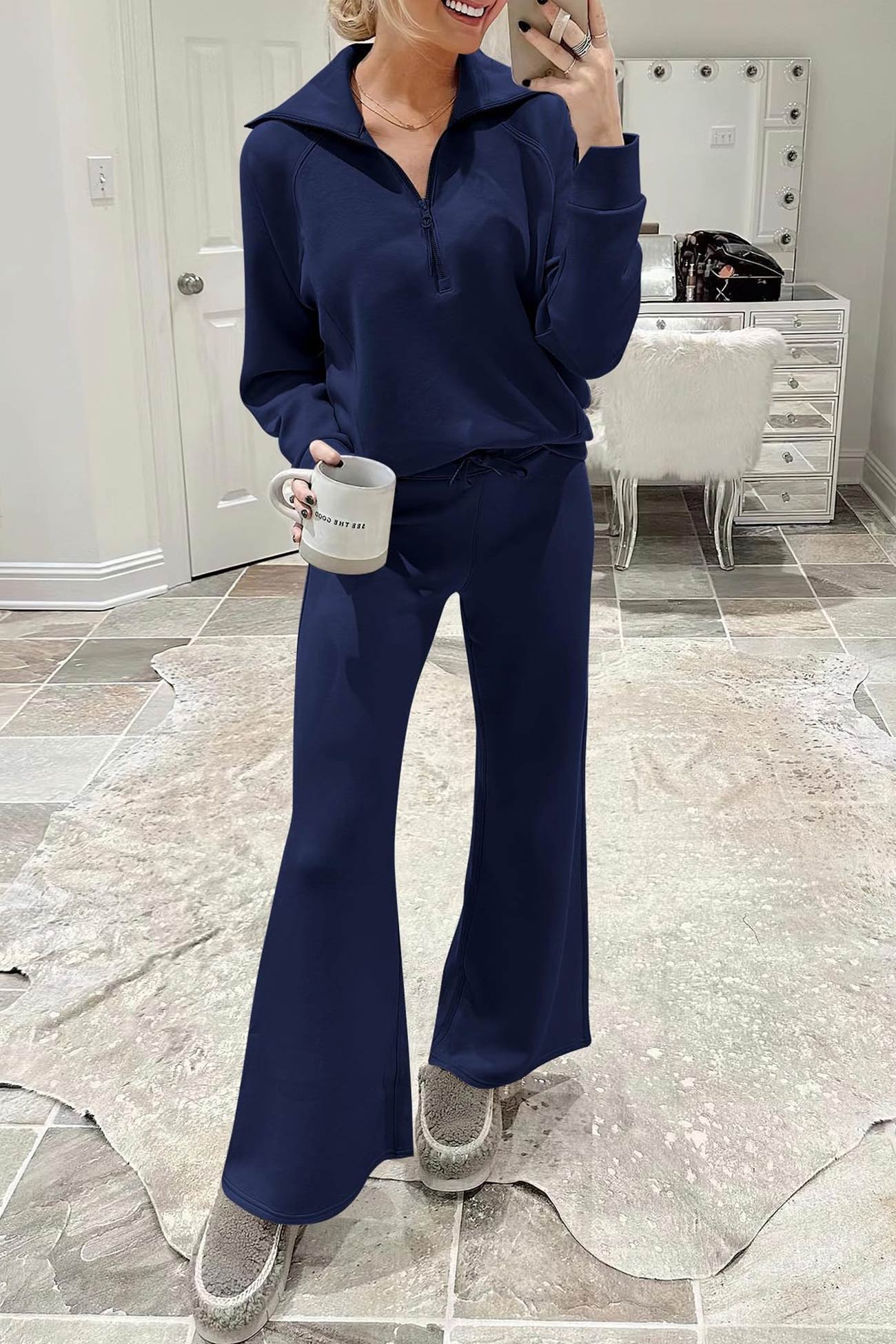 Maxct Lapel Zip-up Sweatshirt Wide Leg Long Pants Set