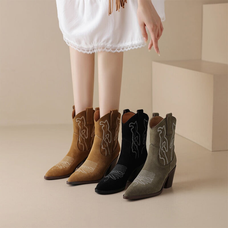 Suede Western Boots Mid Calf Contrast-stitching Cowboy Boots Maxct