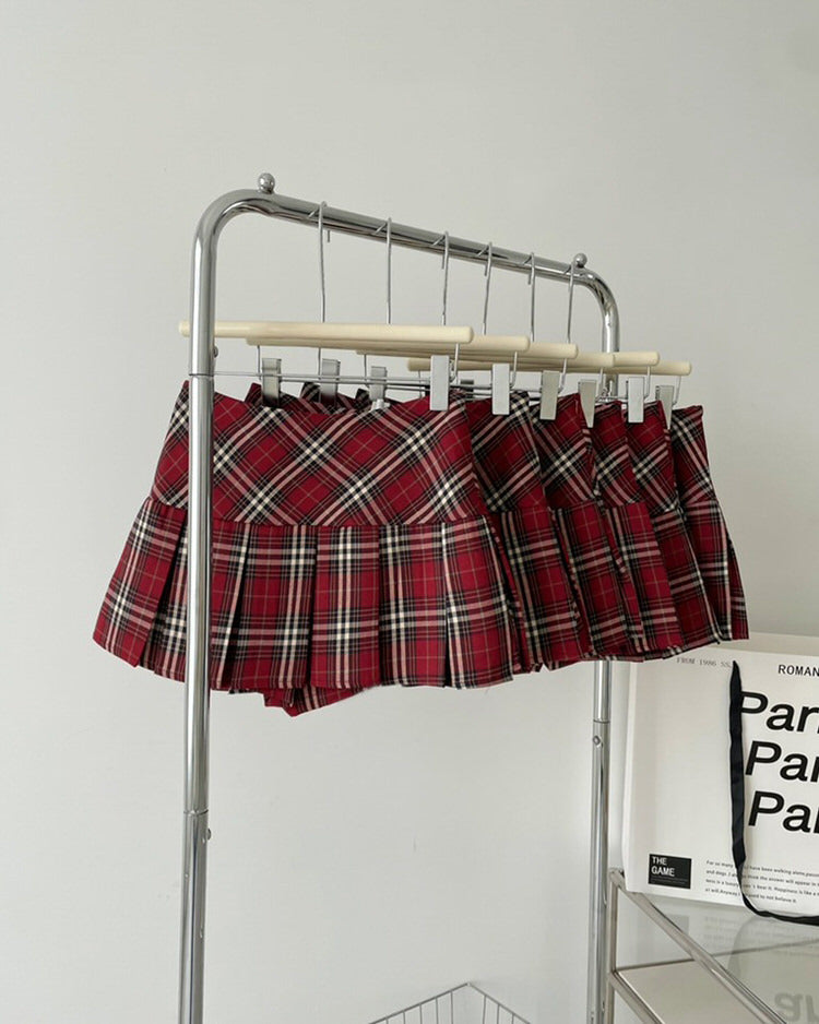 Red Plaid Grunge Pleated Skirt Maxct
