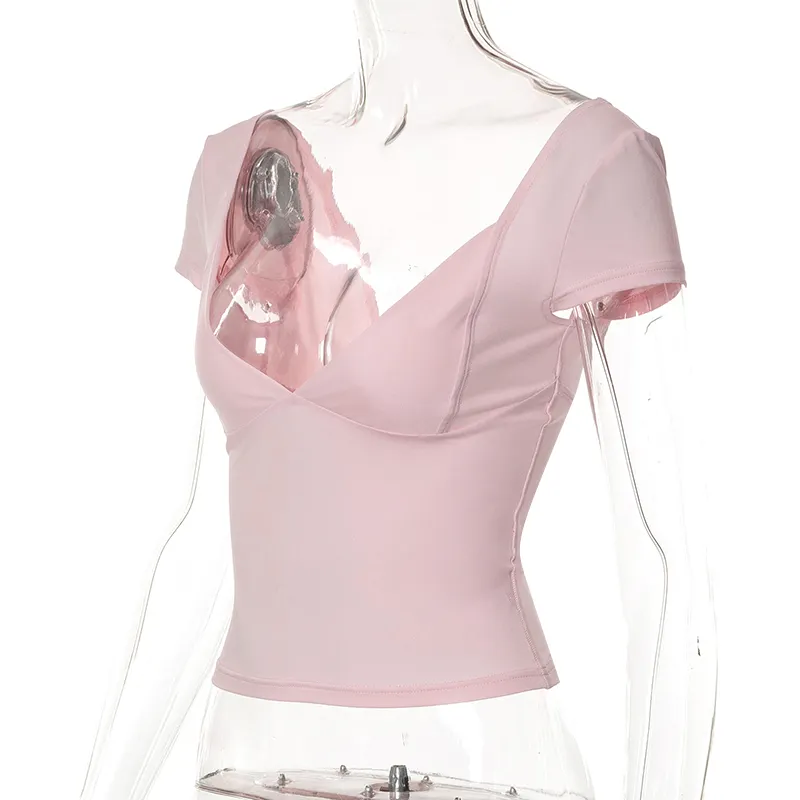 Summer Sexy T Shirt Tops for Women Clothes Stretch Slim Tees Shirt Femme V Neck Long Sleeve T-shirts Streetwea