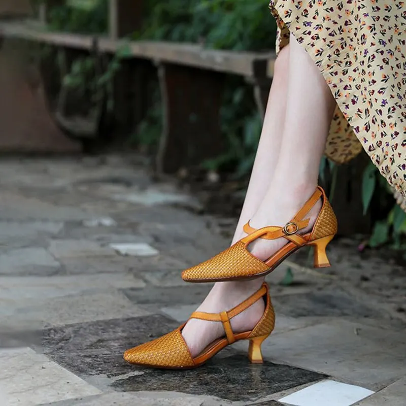Women's Woven Pumps Sandals Point Toe Kitten Heels Maxct