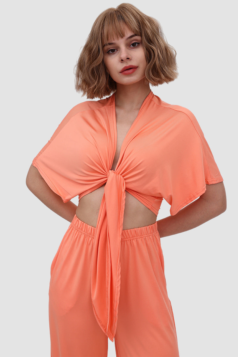 Maxct Deep V-neck Top & Elastic Wide Leg Pants