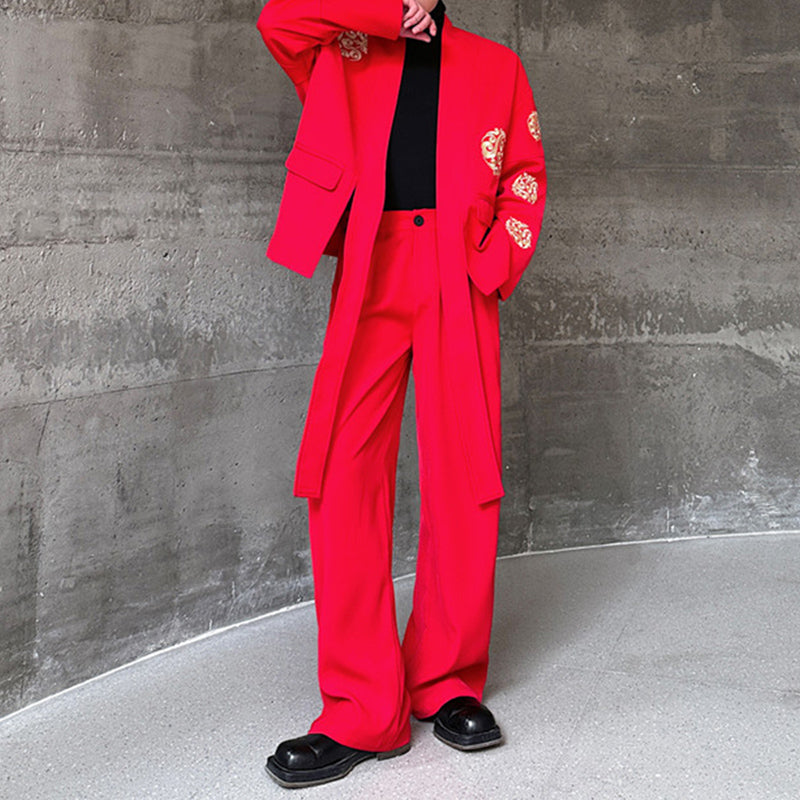 Maxct Retro Cirrus Embroidered Red Suit Jacket Wide-leg Trousers Two-piece Set
