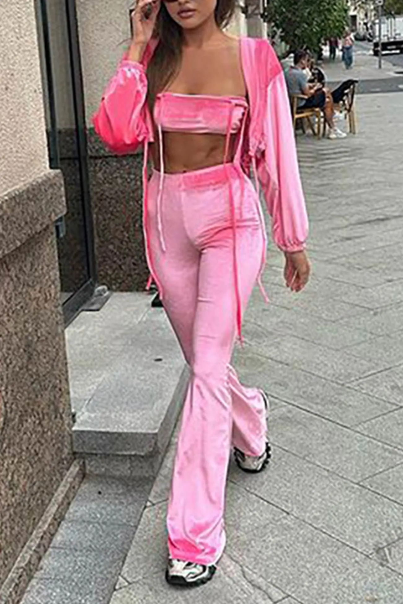 Maxct Velvet Tie-back Vest Hoodie Three-piece Pants Suits