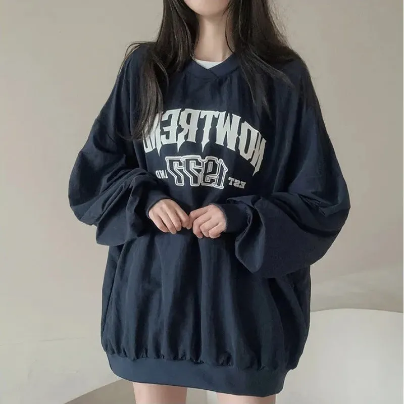 Maxct Letter Print Oversized Round Neck Sweatshirt