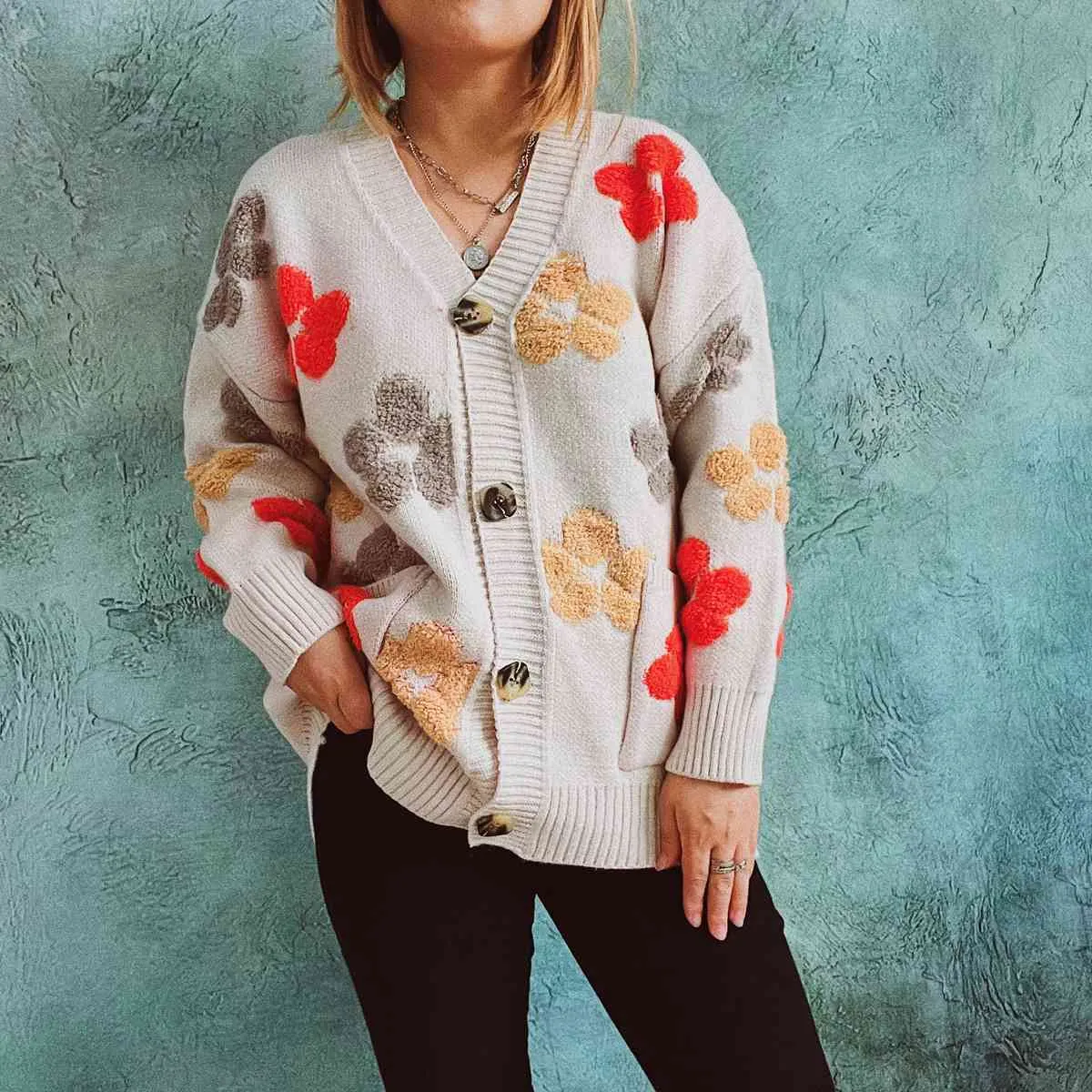 Maxct &Floral V-Neck Button Up Cardigan with Pockets