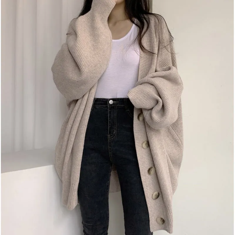 Maxct Preppy Solid Color V Neck Baggy Cardigan