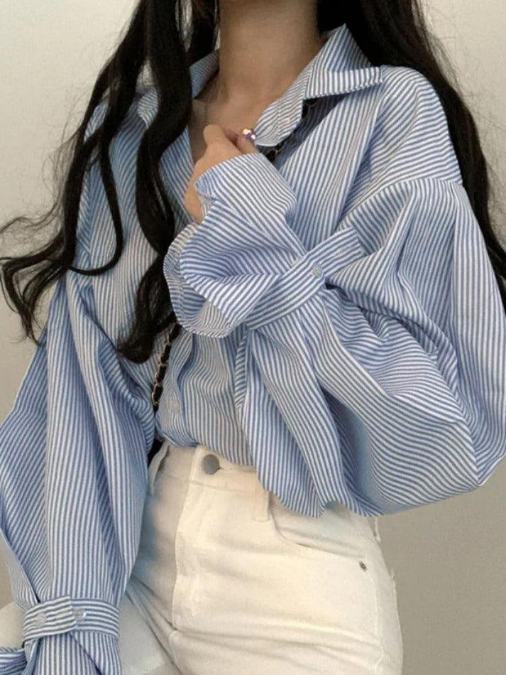 Maxct Stripe Lantern Sleeve Long Sleeve Blouse