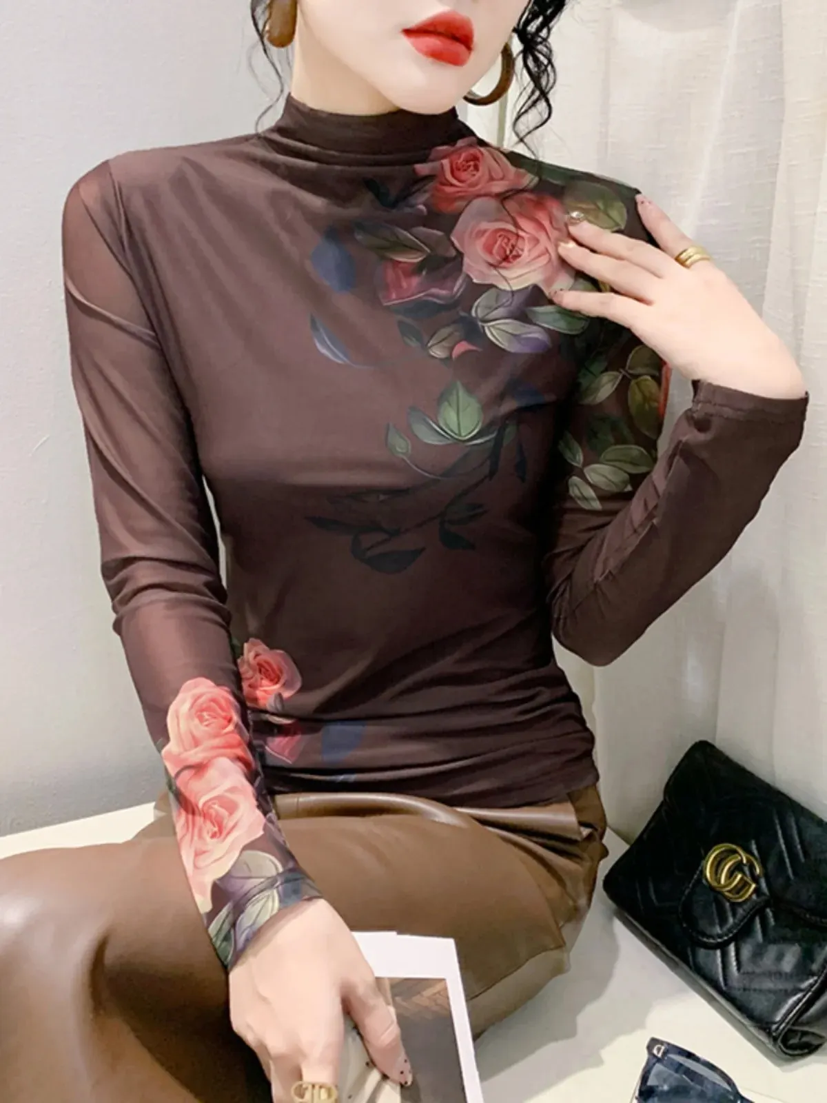 Maxct New High Neck Long Sleeve Mesh Positioning Printing T-shirt Women's Intimated Silk Light Fabric T Shirts Tops For Female