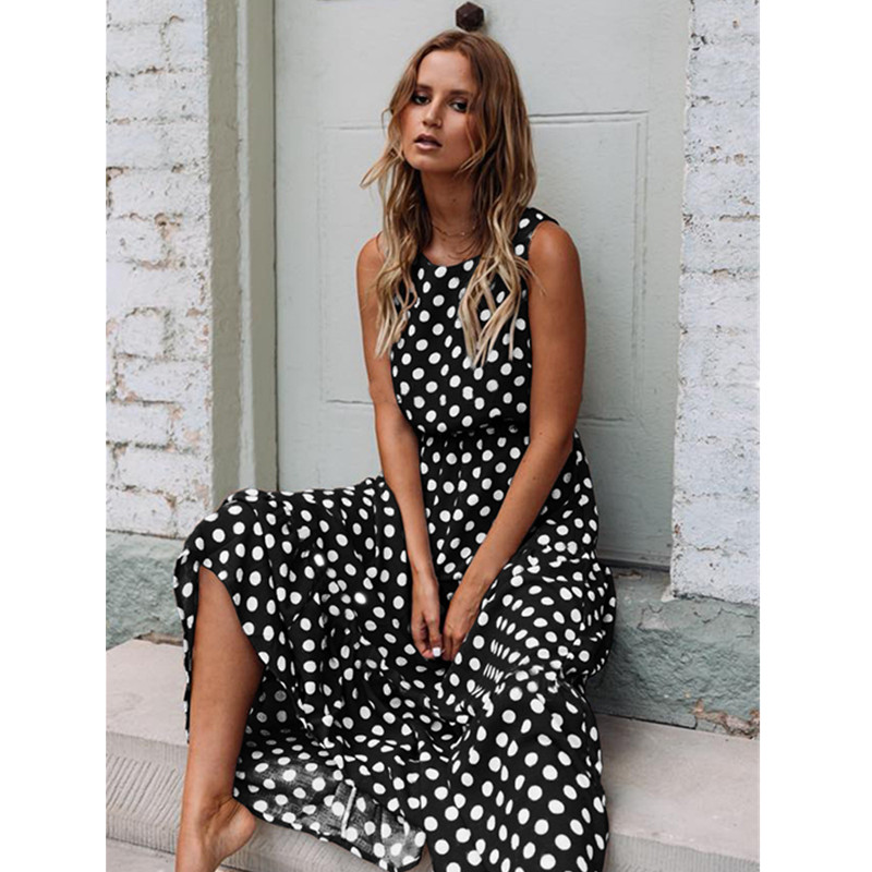 Maxct Sleeveless Polka Dot Print Women Midi Dress Casual Fashion Dresses A-Line Boho Elegant Beach Long Dress Vestidos