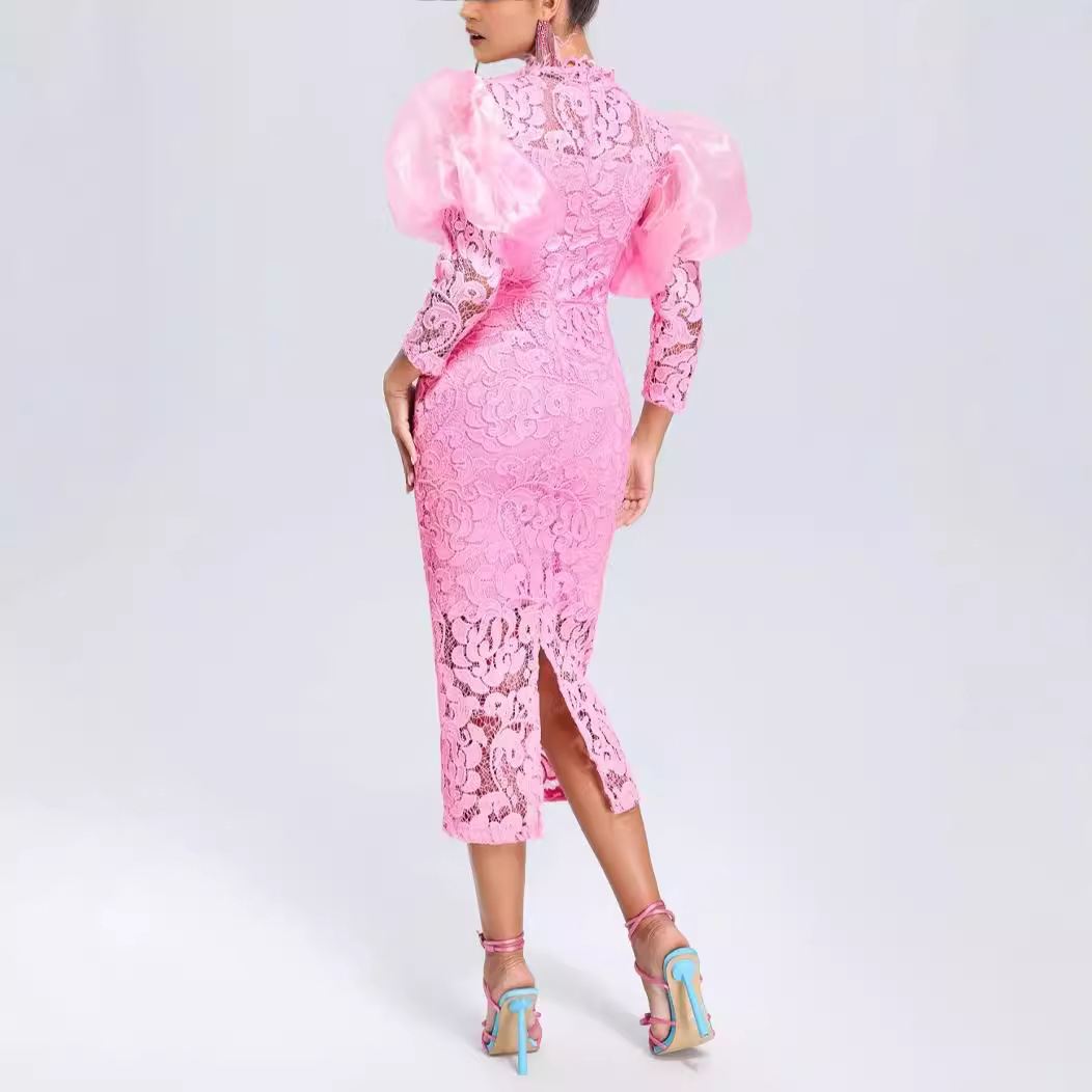 Maxct High-End Dress Dress Lace See-through Puff Sleeve Slim Party Dress Elegant Exquisite Women Dress