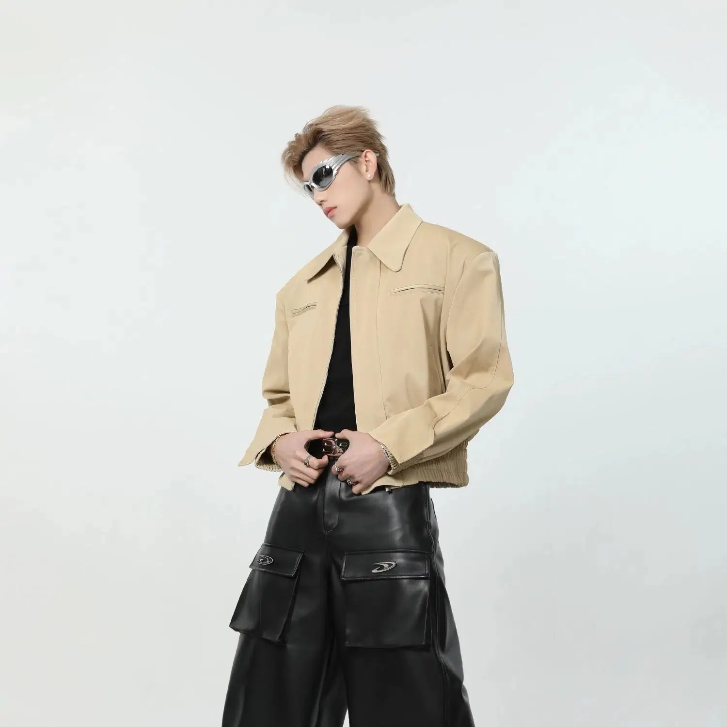 Maxct Short Leather Jacket with Shoulder Pads