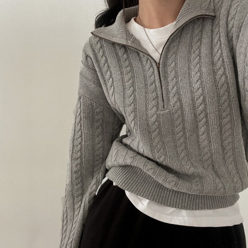 Maxct Vintage Lapel Neck Cable Knit Sweater