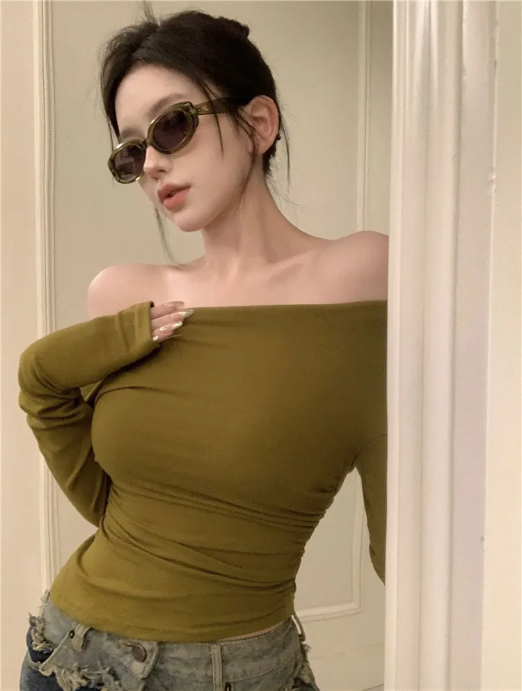 Black Solid Slash Neck Elegant Long Sleeve Tops Fashion Slim Sexy Cropped T Shirt Skinny Women Y2k Clothing Autumn Casual Shirts