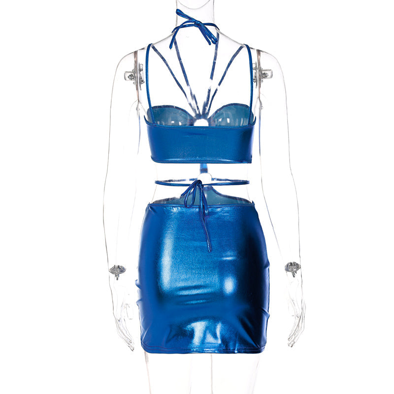 Voguable  Solid Sleeveless Bodycon Halter Hollow Out Mini Dress  Streetwear Outfits Y2K Maxct