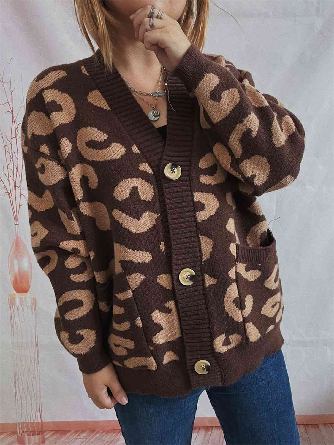 Maxct &Leopard Button Front Cardigan with Pockets
