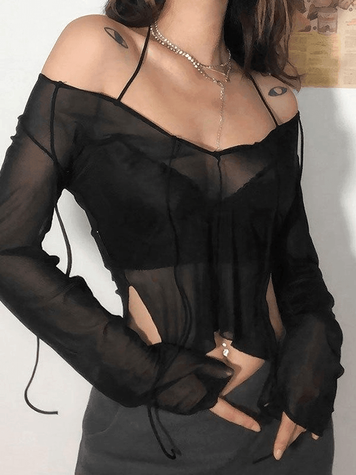 Maxct Sheer Mesh Lace Up Blouse