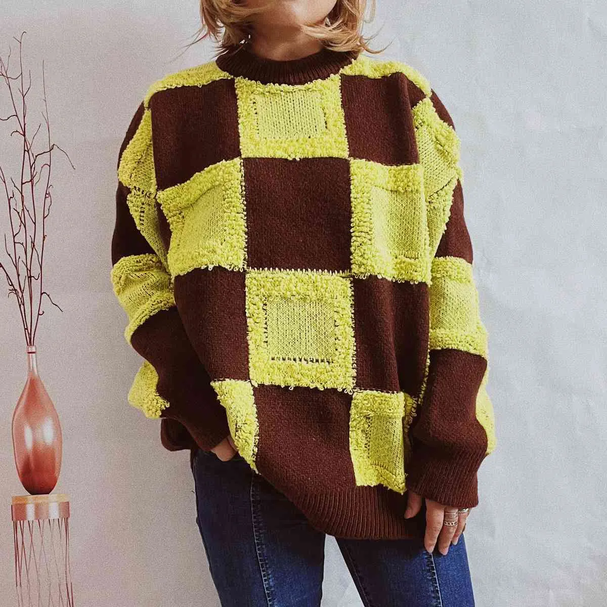 Maxct &Checkered Round Neck Long Sleeve Sweater