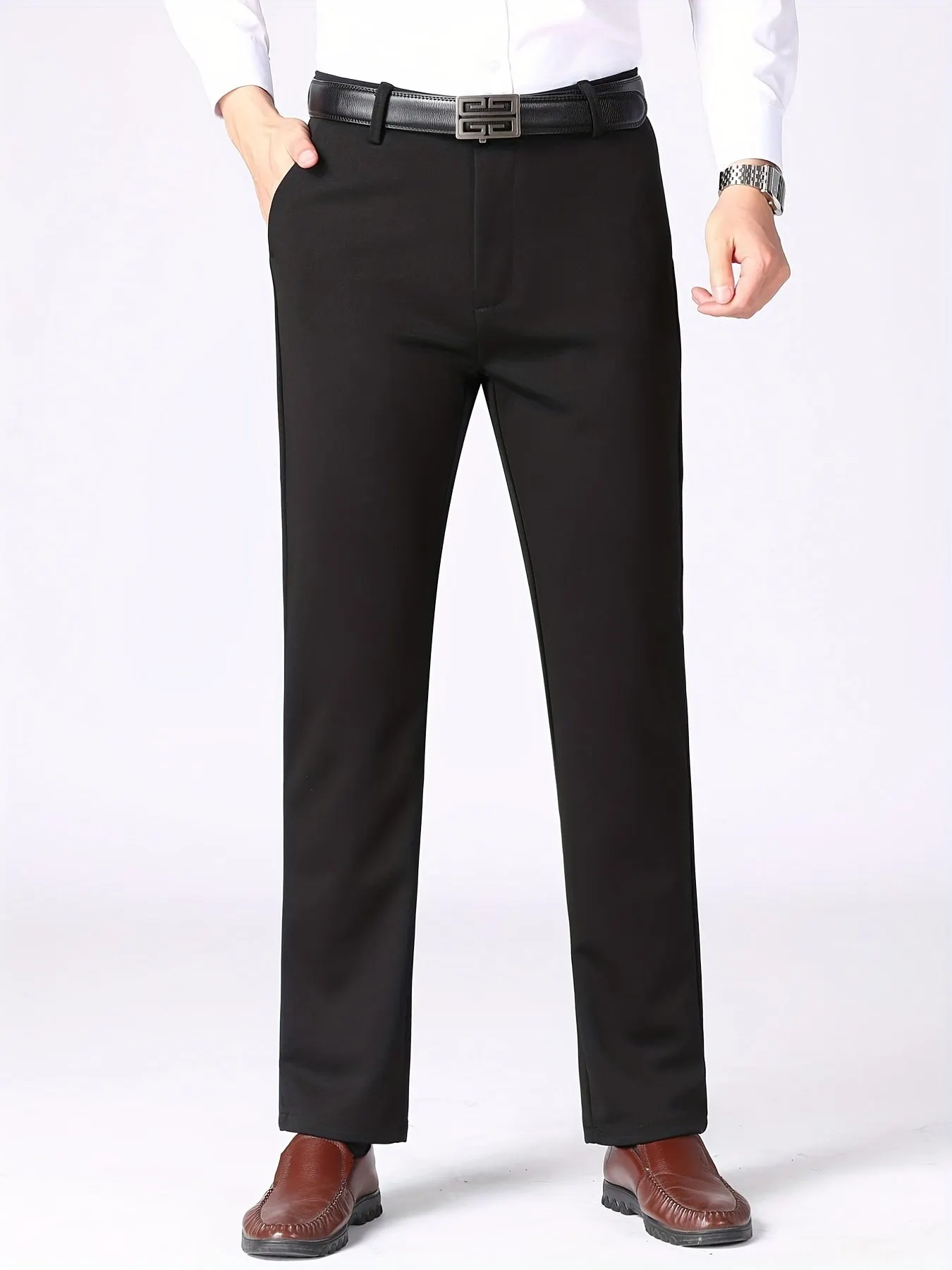 Maxct  Classic Design Dress Pants, Men's Casual Solid Color Slightly Stretch Dress Pants For Spring Summer Business