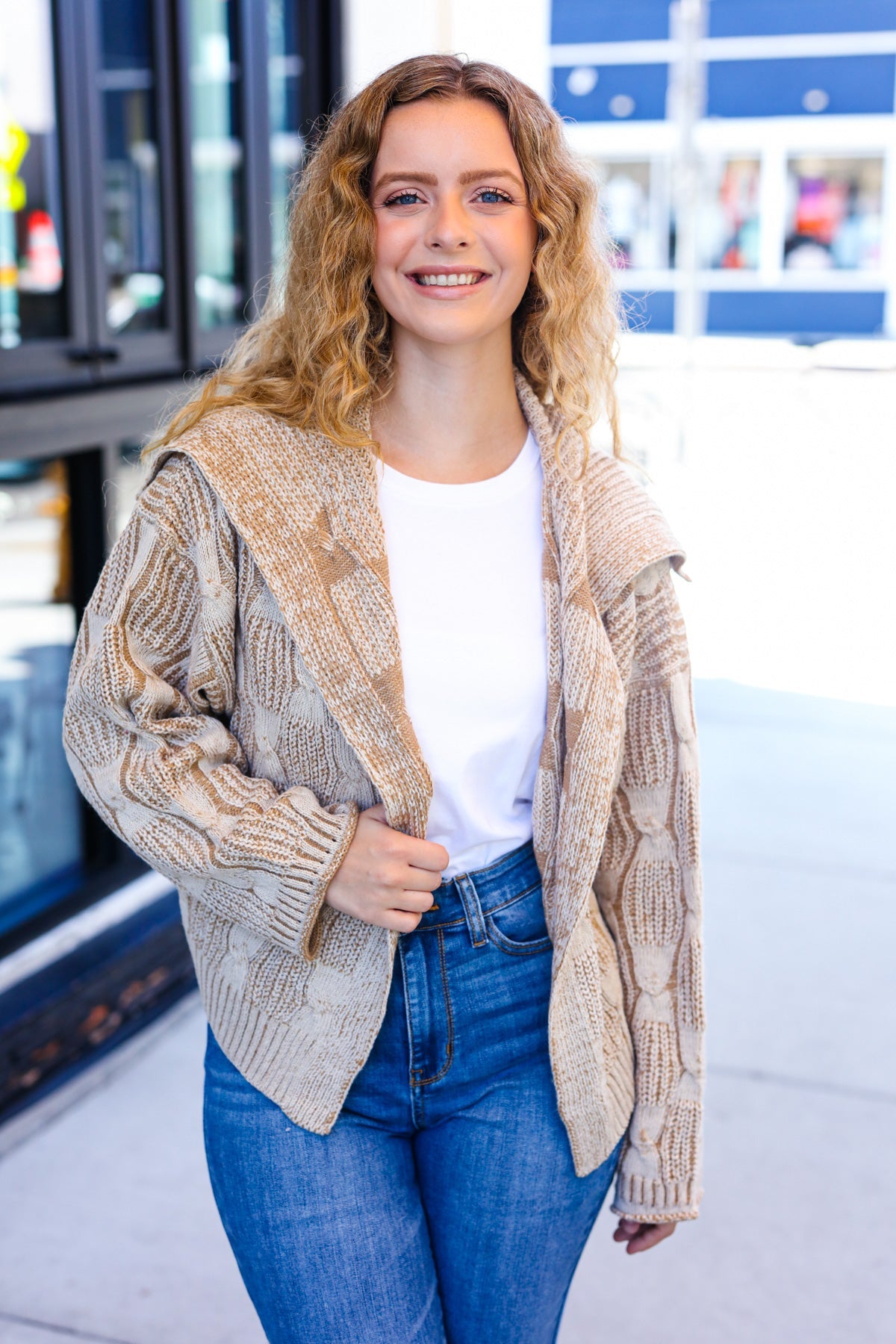 Maxct &Autumn Vibes Taupe Textured Cable Knit Collared Cardigan