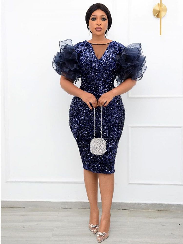 Sequin V Neck Puff Sleeve Party Dress Maxct