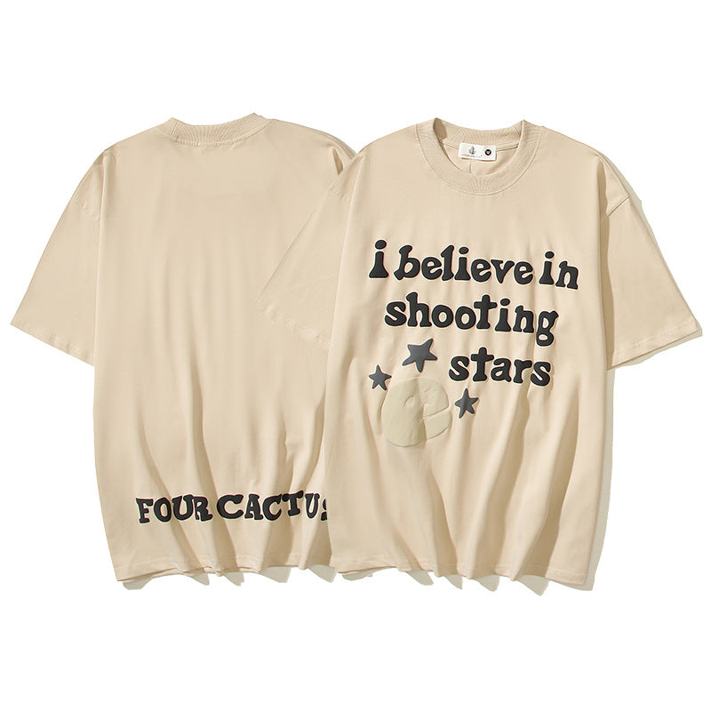 Maxct 90S Streetwear Bp American Retro Street Cartoon Letter Foam Printing Wash Men'S And Women'S Os High Street Short Sleeve T-Shirt Men'S And Women'S Same Style