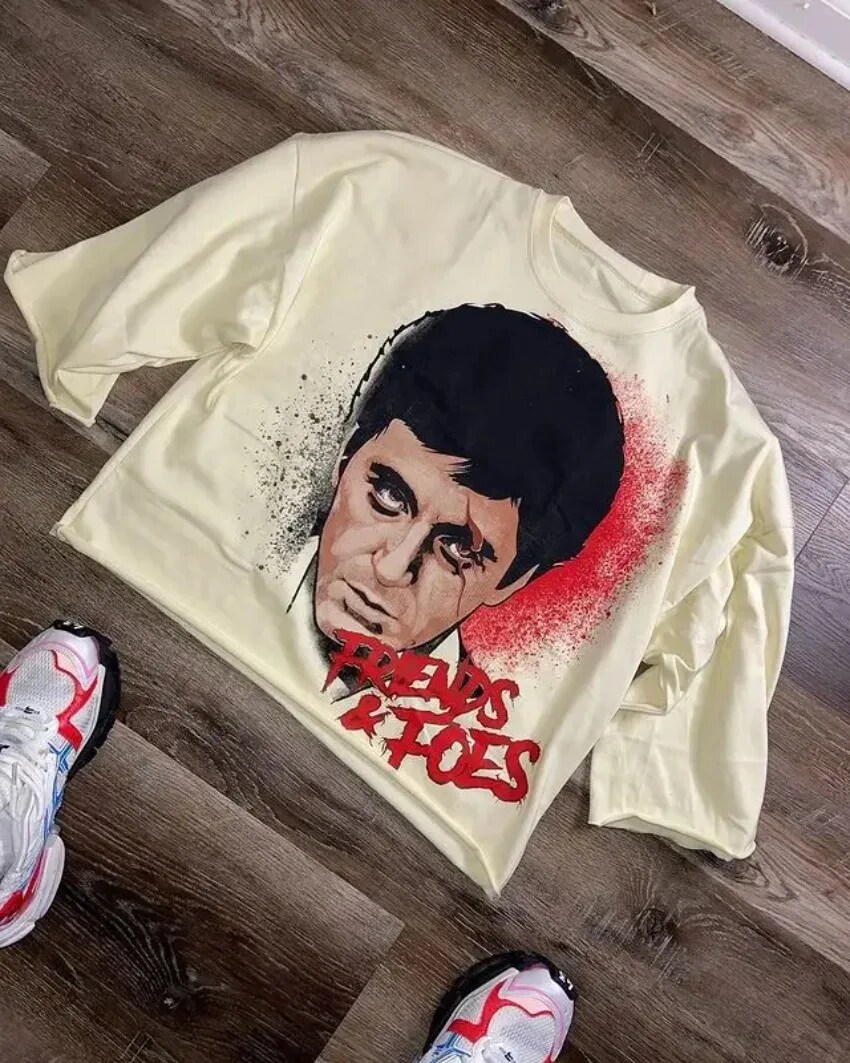 Maxct American Retro High Street Portrait Short-sleeved T-shirt Y2K Summer Hip-hop Printing Loose Round Neck Cotton Washed T-shirt