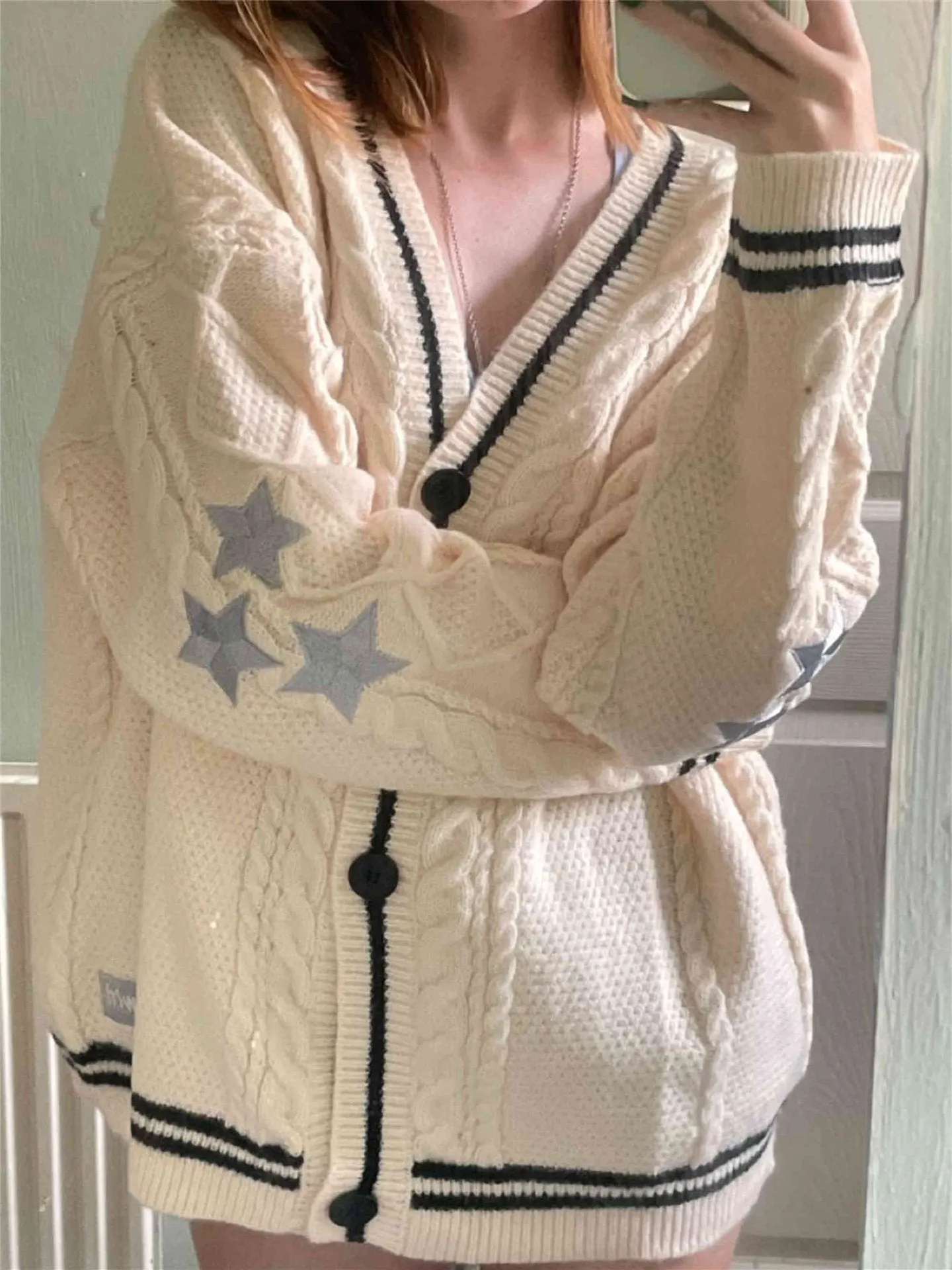 Maxct Oversize Star Embroidered Cable Knit Cardigan