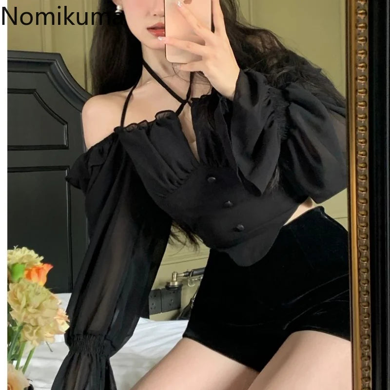 Maxct Shirts Blouses Spring Autumn Halter Off Shoulder Ruffles Patchwork Blusa Feminina Vintage Elegant Sexy Camisas De Mujer