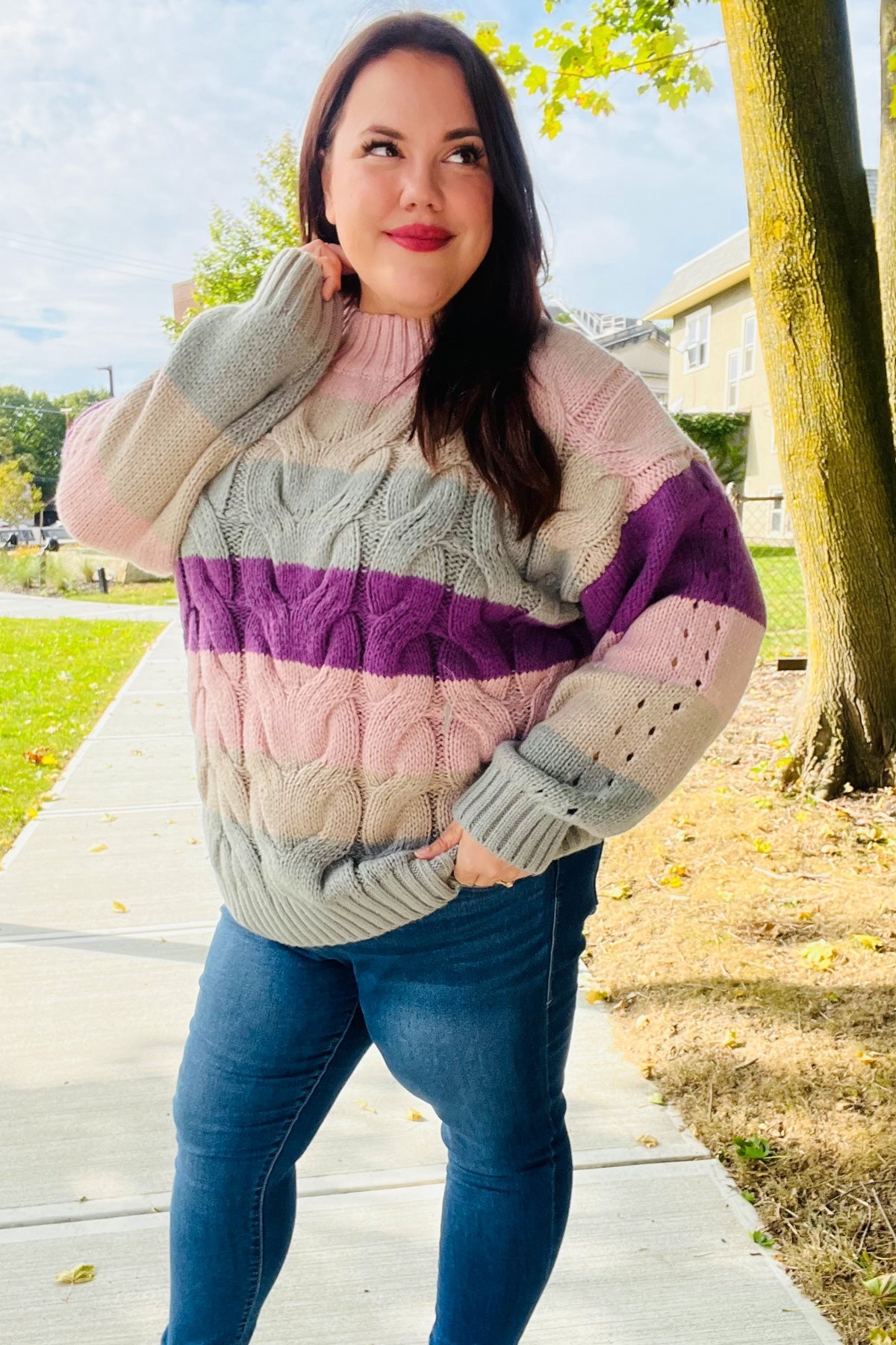 Maxct &Fall For You Mauve Multicolor Stripe Cable Knit Mock Neck Sweater