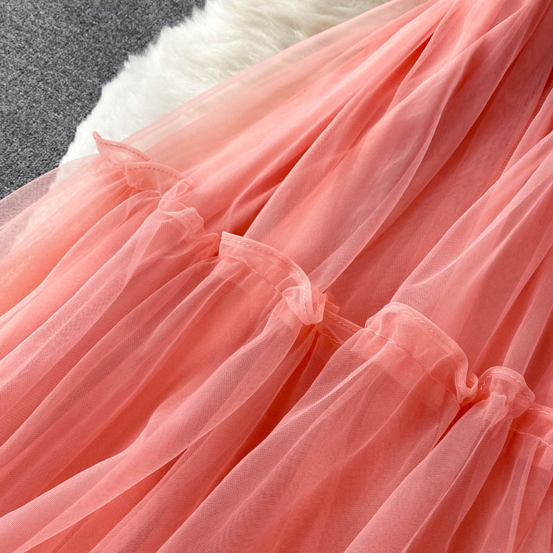 Women's Sexy Mesh Spaghetti Strap Long Dress Summer Orange/Purple/Blue/Pink Ruffle A-Line Beach Robe Female Elegant Party Vestidos