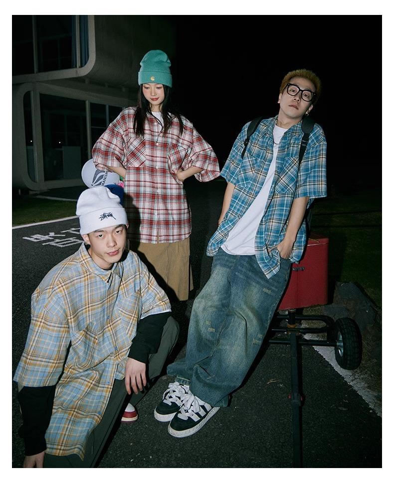 Maxct 90s Streetwear Japanese Niche Plaid Short-sleeved Shirt Men's Summer New Loose Trendy Brand All-match Shirt Couple's Coat Top