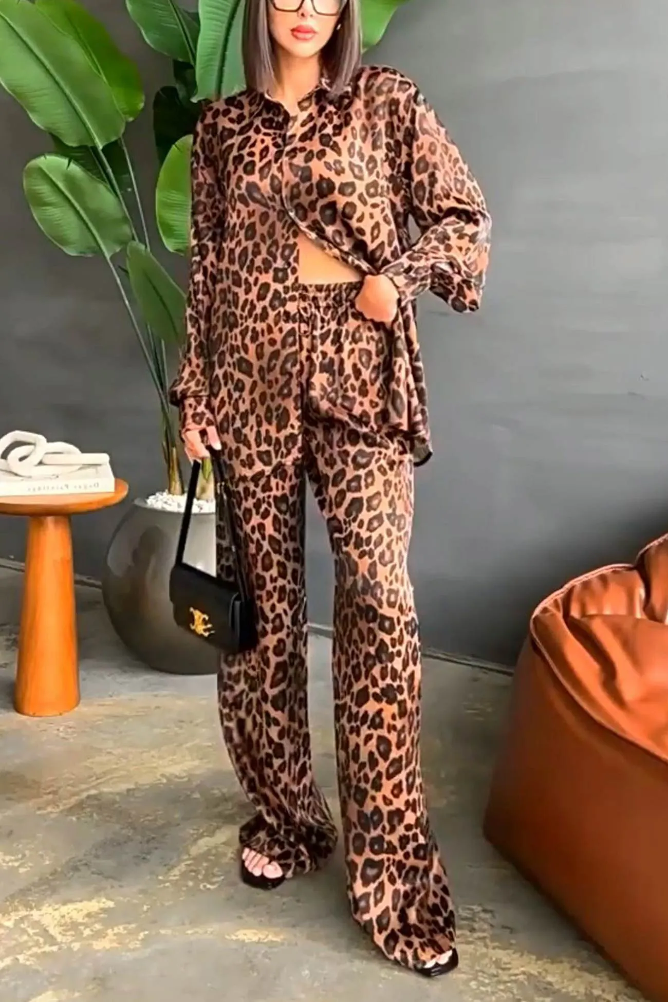 Maxct Leopard Print Long Sleeve Blouse Set