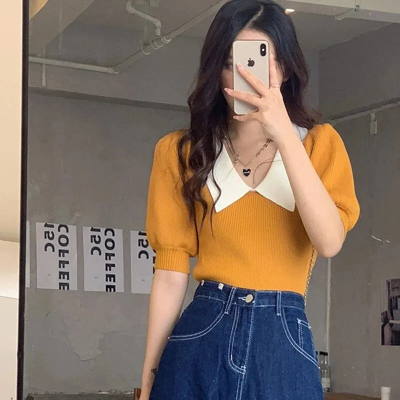 Maxct Vintage Knitted Pullover T Shirt Women Sweet Patchwork Puff Short Sleeve Tops Office Elegant Peter Pan Collar Slim Tees