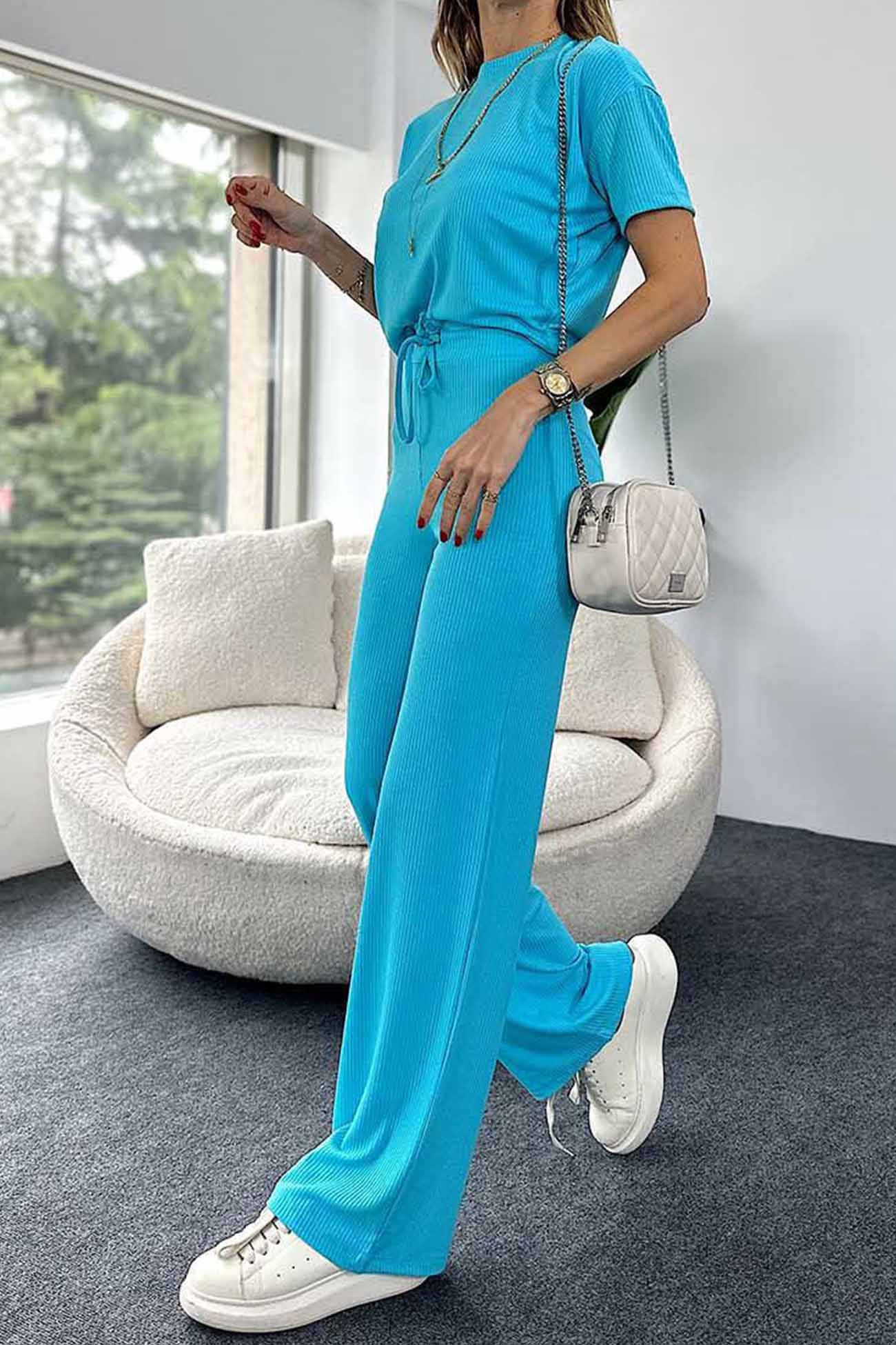 Maxct Ribbed Short Sleeve Drawstring Long Pants Set