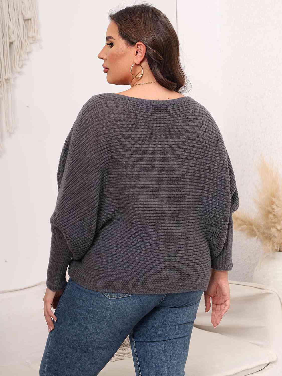 Maxct &Full Size Boat Neck Batwing Sleeve Sweater
