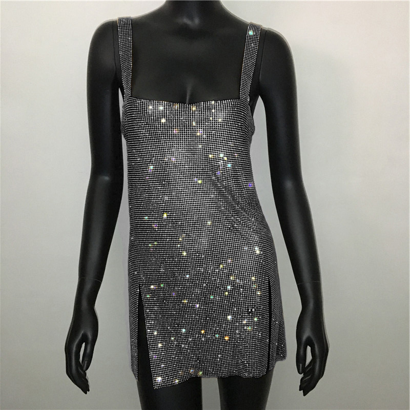 Maxct cybergoth dress to impress Fashion Women's Sexy Low Cut Rhinestone Dress Hot Girl Short Skirt Metal Suspender Dress Gown
