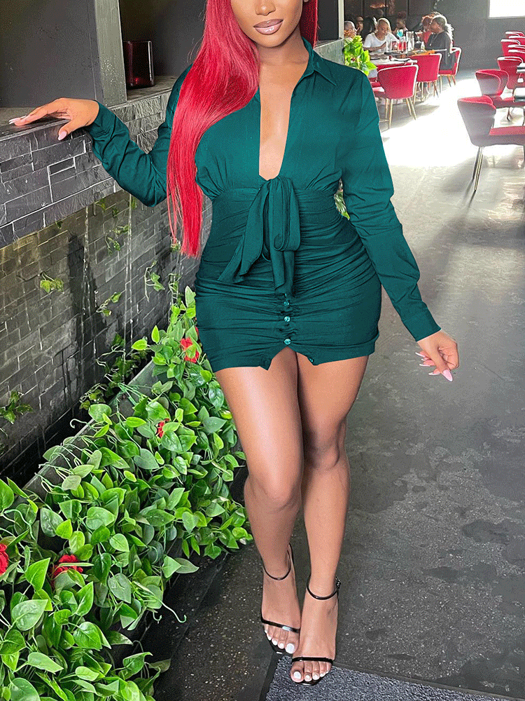 Deep V-neck Front Tie Mini Dress Maxct