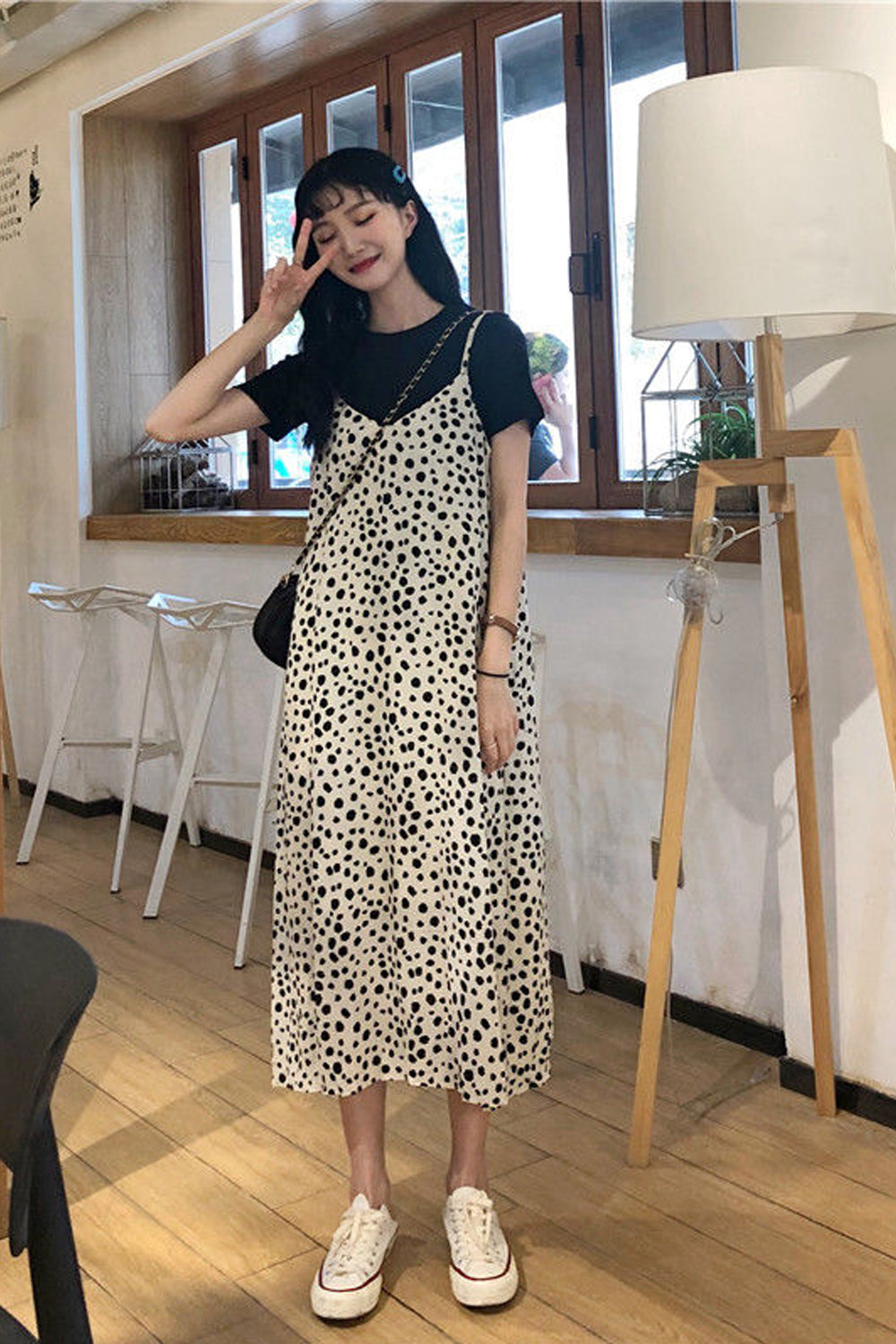 Sleeveless Dot Pattern Strappy Long Dress Maxct